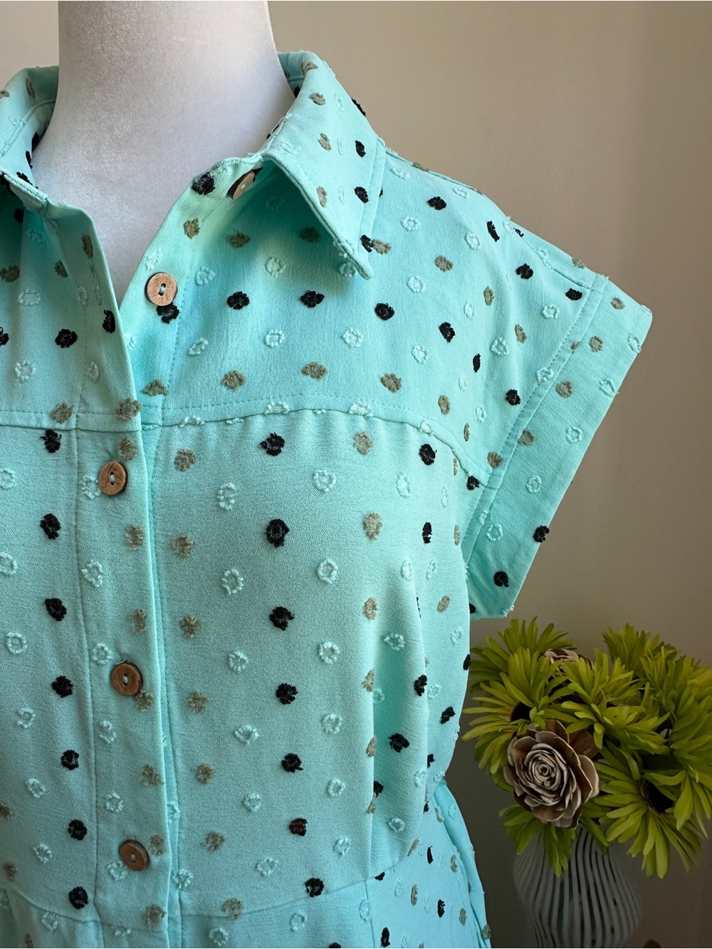 Nina Leonard Mint Green Polka Dot Shirt Midi Dress - Picture 3 of 8